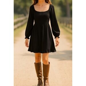 White Birch‎ Black Smocked Dress Long Sleeve Boho S Country Peasant Milkmaid